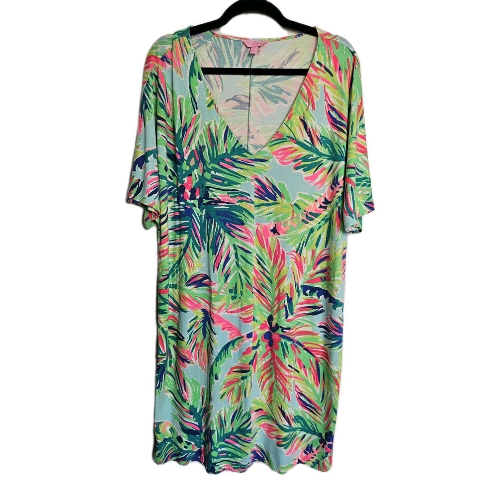 Lilly Pulitzer Womens Short Sleeve Lindley Dress Sz L VNeck Preppy Vibrant Beach